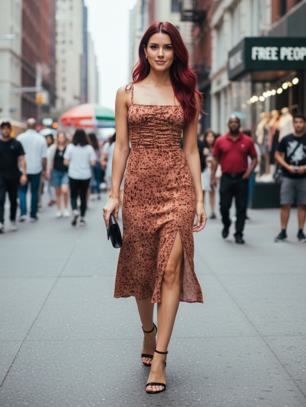 Free People Show Stopper Midi Dress Brown Animal Print Ruched Size Small